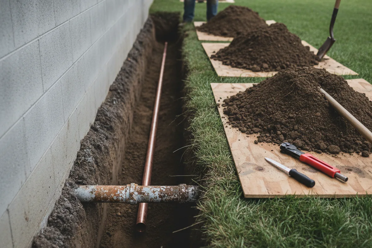 Excavated water line trench during Water Softener Installation in Lewiston